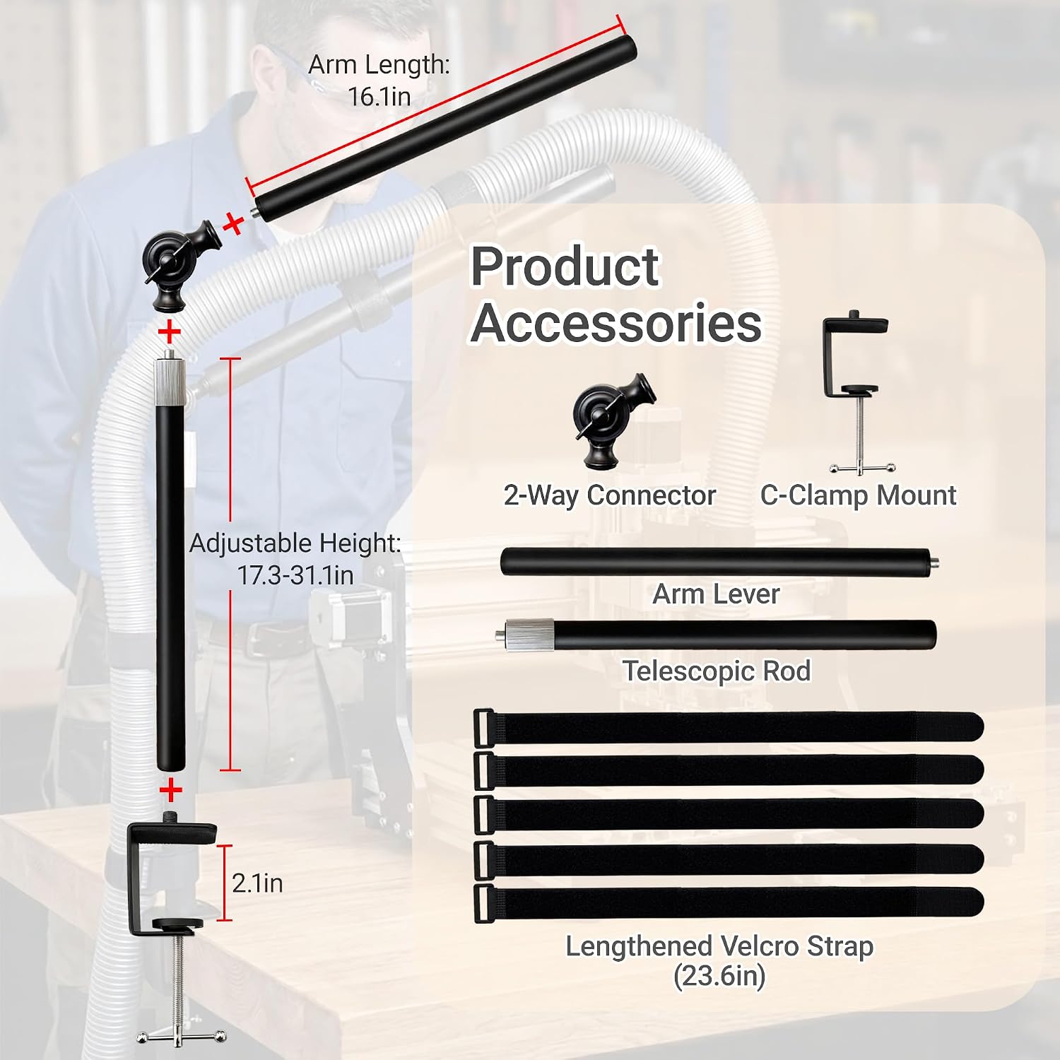 Dust Collection Boom Arm, Tool Free Clamp On Vacuum Hose Mount for Desktop CNC Machines, Adjustable Overhead Support Hose Holder for more Shop Vac Hoses, Table Saw Dust Collection System(Without Tube)