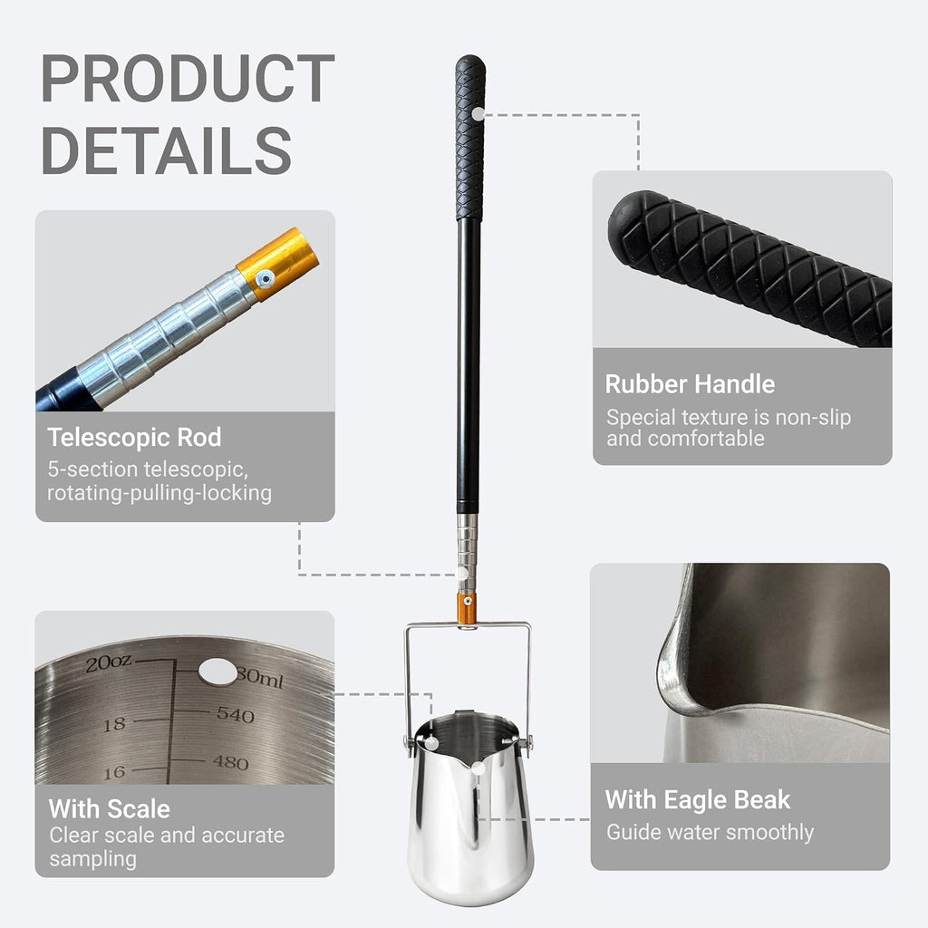 Water Sampler, Telescopic Sampling Dipper for Rivers, Lakes, Streams, Sewers, Labs, Factories, and Wastewater Plants for Water Quality Sampling and Environmental Monitoring (1.5–5 ft, 500 ml)