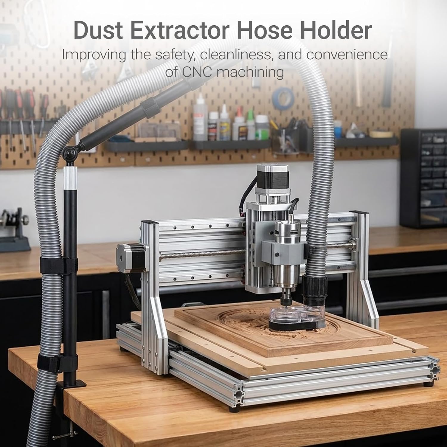 Dust Collection Boom Arm, Tool Free Clamp On Vacuum Hose Mount for Desktop CNC Machines, Adjustable Overhead Support Hose Holder for more Shop Vac Hoses, Table Saw Dust Collection System(Without Tube)