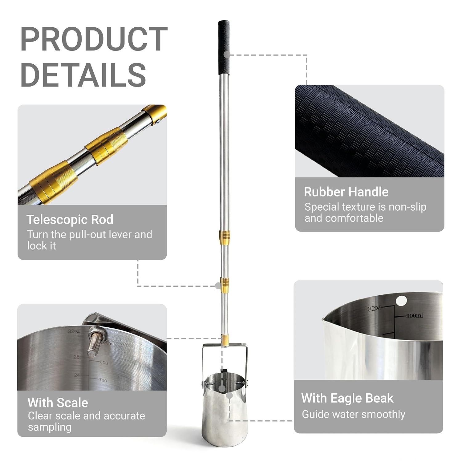 Telescopic Water Sampler, Stainless Steel Water Sampler Dipper(500ml,5ft)