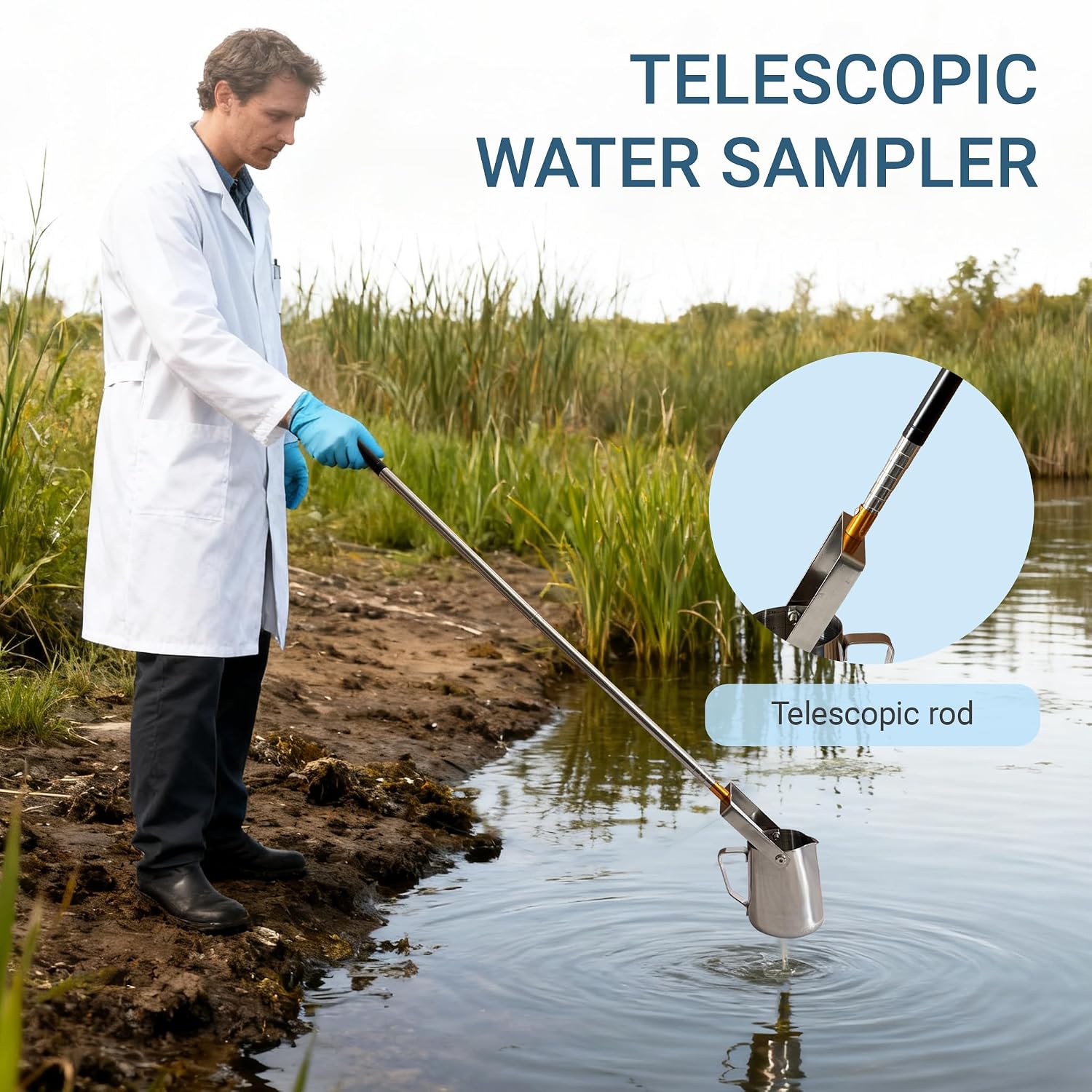 Water Sampler, Telescopic Sampling Dipper for Rivers, Lakes, Streams, Sewers, Labs, Factories, and Wastewater Plants for Water Quality Sampling and Environmental Monitoring (1.5–5 ft, 500 ml)